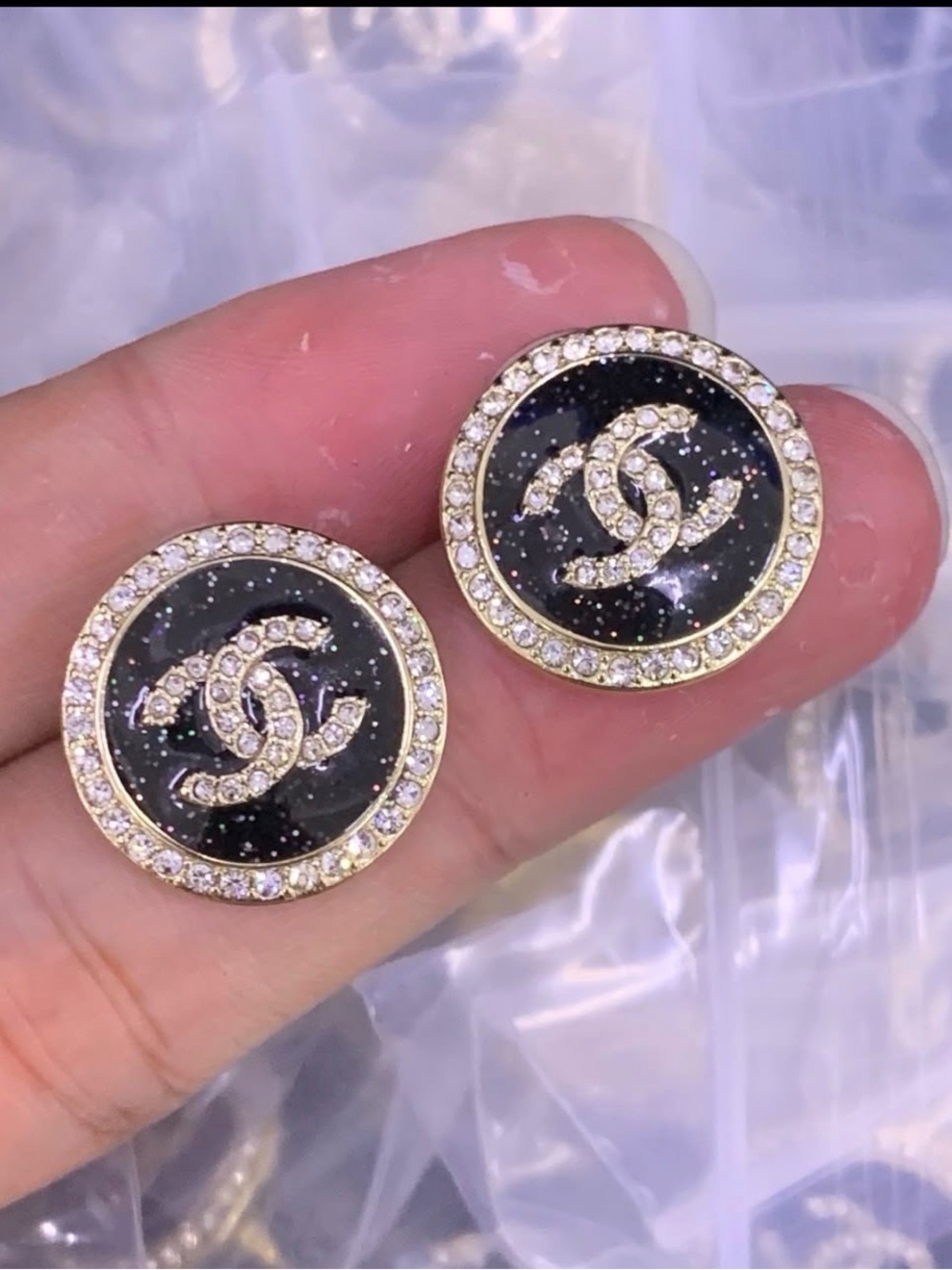 Designer Inspired Black and Gold Crystal CCC Round Stud Earrings